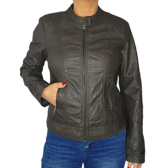 Cavalini Brown Vegan Leather Zip Jacket Size Large - Picture 1 of 6